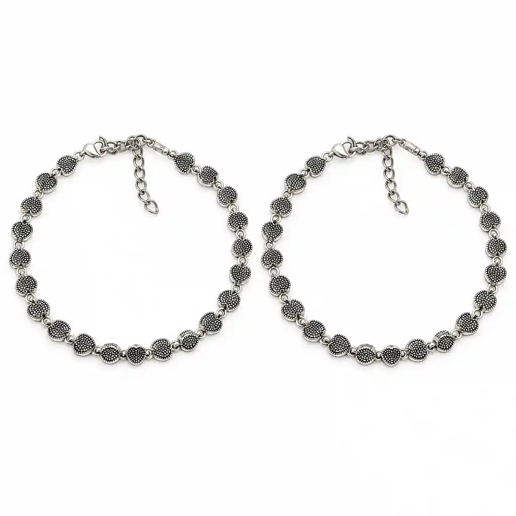 Antique Silver Heart Charm Layered Anklets Pack