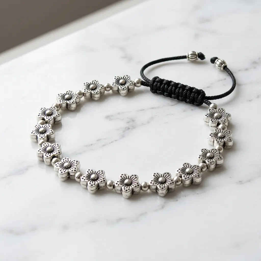 Silver Floral Macrame Sliding Cord Bracelet